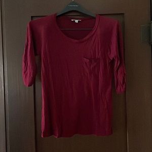 Burgundy Elbow Button Sleeve Loose Soft Crew Neck Shirt with Breast Pocket
